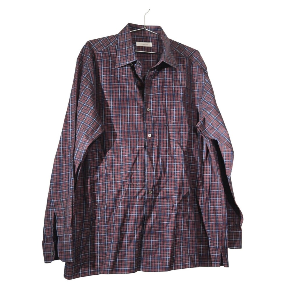 Ermenegildo Zegna Men’s Plaid Button-Down Shirt–Maroon/Navy – Made in Italy 2XL